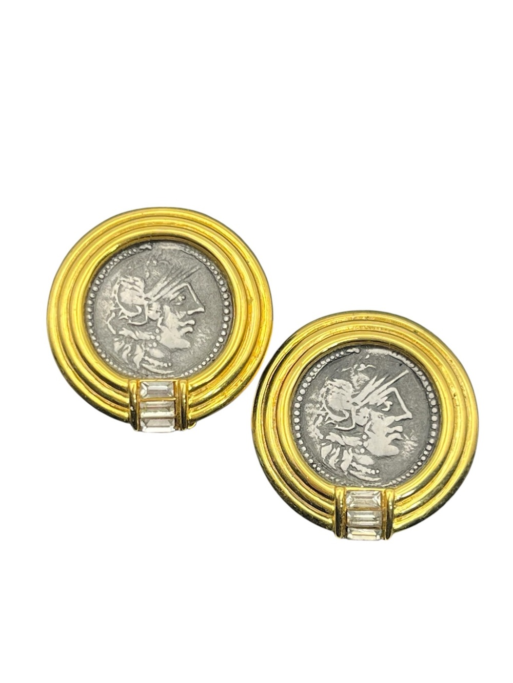 Ancient Replica Roman Soldier Coin TAT Bezel set Clip On earrings two tone